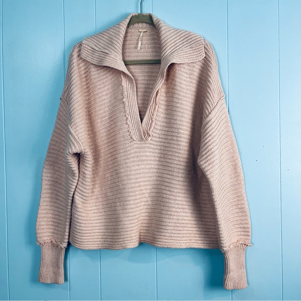Free People Marlie Small Dusty Pink Ribbed Collared Oversized Sweater Pullover